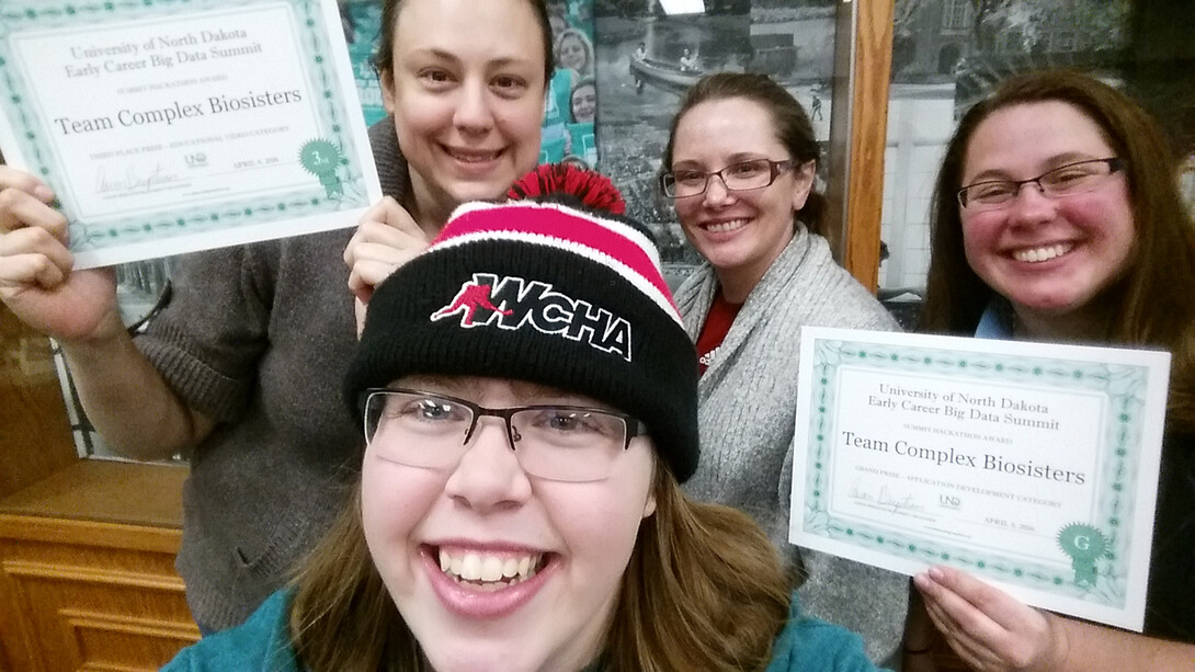 Members of the UNL team that won top honors at an April 8 hackathon at the University of North Dakota are (front) Kimberly Stanke, (back row, from left) Carrie Brown, Bridget Tripp and Ashley Stengel.