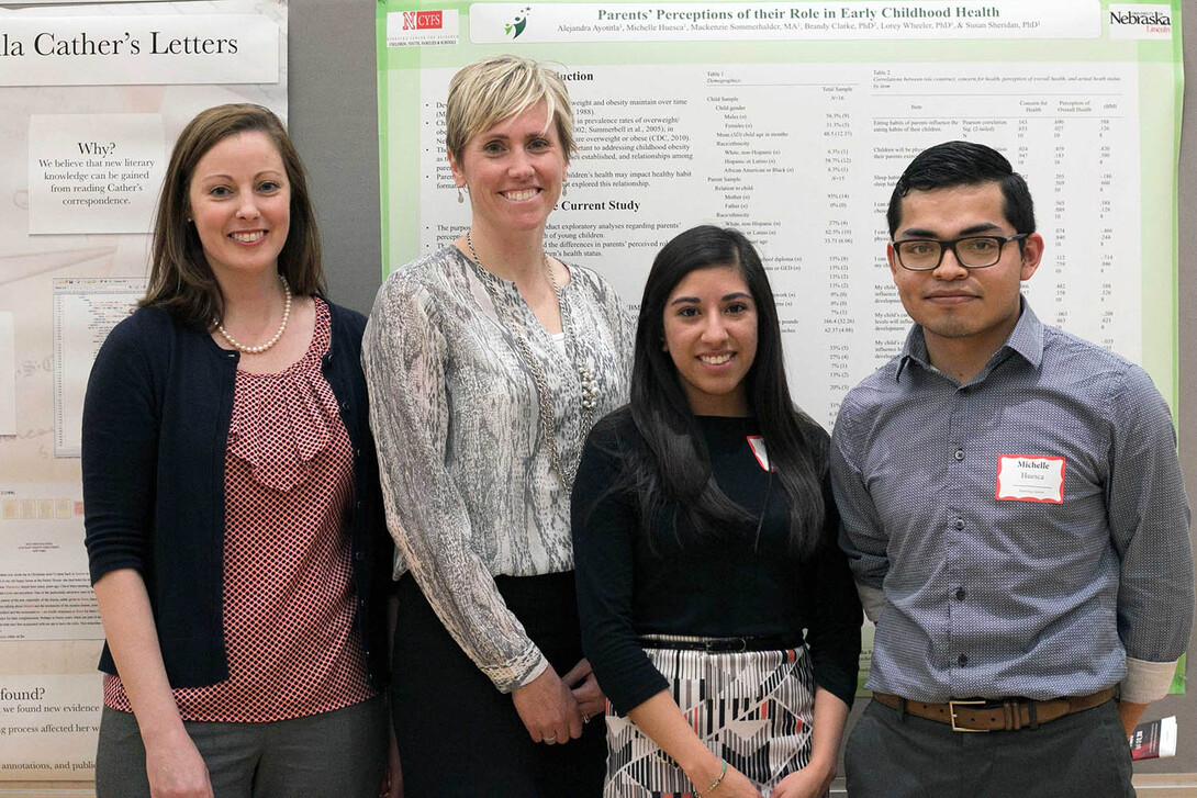 Lorey Wheeler and Brandy Clarke appear with undergraduate students Alejandra Ayotitla and Michelle Huesca at the 2016 UNL Research Fair. Ayotitla and Huesca were bilingual interpreters for the TAPP pilot study in Lincoln.