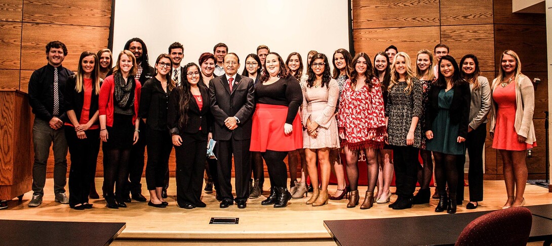 Students named to the fall 2016 Franco's List, pictured with Juan Franco (center, in black suit), include (from left) Dalton Dey, Sara Oleson, Laura Barrow, Elizabeth Boschult, Derrick Gulley, Kelsey Koski, Samuel Jensen, Juana Paramo, Joy "JD" McCown, Levi Gipson, Yoo Jeong Lee, Camden Bilyeu, Stephanie Blair, Laura Springer, Bailey Schulz, Abi Paudel, Carly Burkhardt, Emily Murphy, Carolyn Willis, Dominik Redden, Morgan Mallory, Alexa Burmeister, Colton Harper, Insyira Amin, Jazmin Castillo an