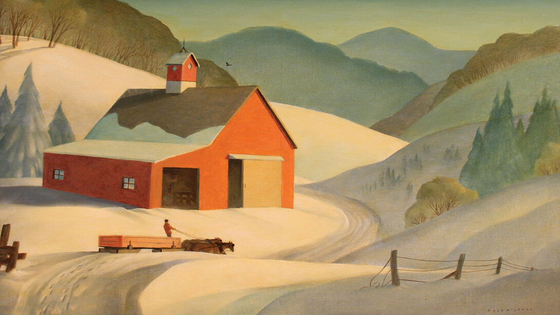 Detail of "Red Barn" by Dale Nichols, circa 1940, oil on canvas