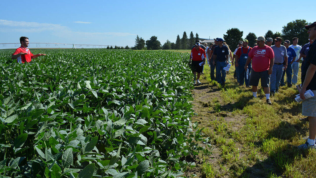 Cropping systems specialist Rodrigo Werle covers the latest research and technology to assist soybean producers during a 2016 soybean management field day near Cordova.