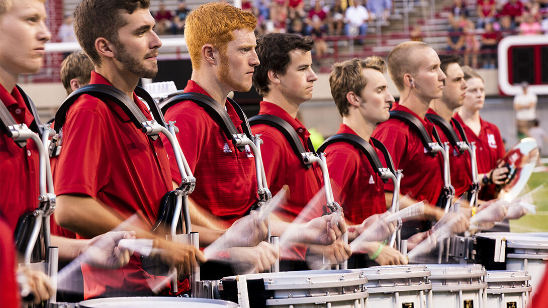 Members of the Cornhusker Marching Band perform during the 2015 exhibition at Memorial Stadium. The 2017 exhibition is 7 p.m. Aug. 18.