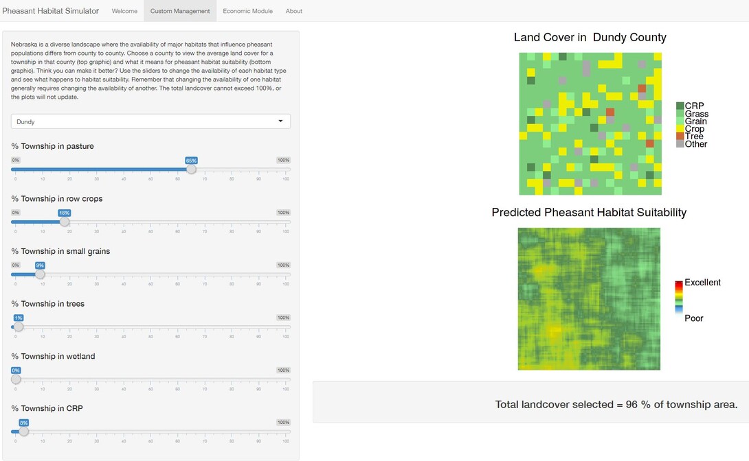 The Pheasant Habitat Simulator allows users to manipulate various factors to show habitat suitability.
