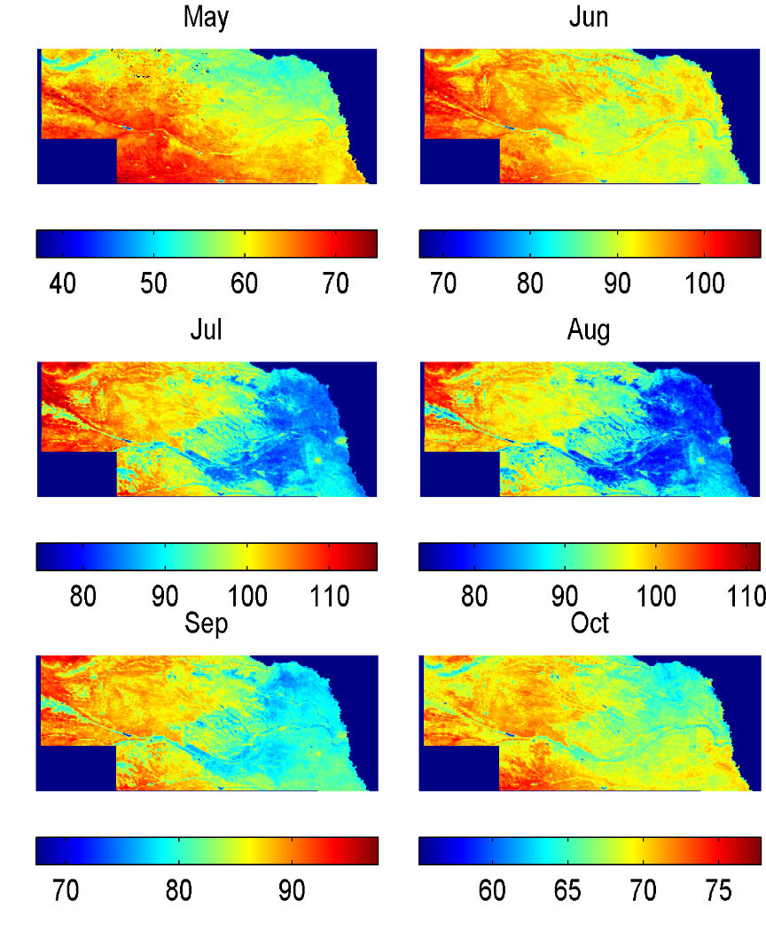 Satellite-derived average monthly surface temperatures, in degrees Fahrenheit, for 2000-2009. Long after the typical irrigation season of May-July in Nebraska, the irrigated areas, due to their high soil-moisture content, still remain significantly cooler even in September than the surrounding non-irrigated land.