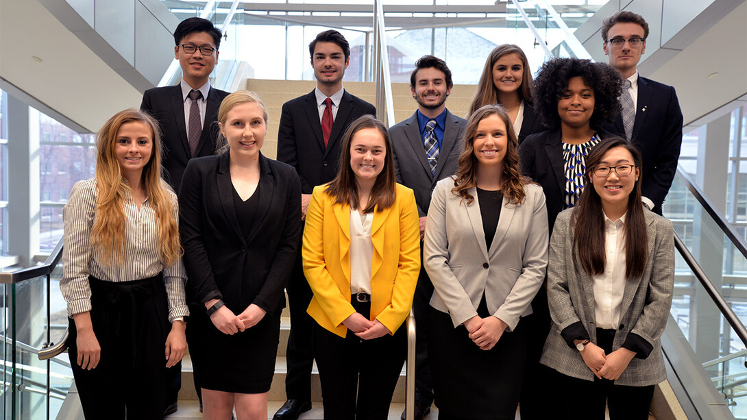 The 2018 cohort of International Business Distinguished Scholars consists of (back row, from left) Quan Nguyen, Samuel Waechter-Cass, Andrew Psaltis, Sophia Otte, Taylor Hogan, Jack Straka, (front row, from left) Hayden Richardson, Isabella Kloppel, Olivia Coffey, Samantha Sogge and Jessica Ha.