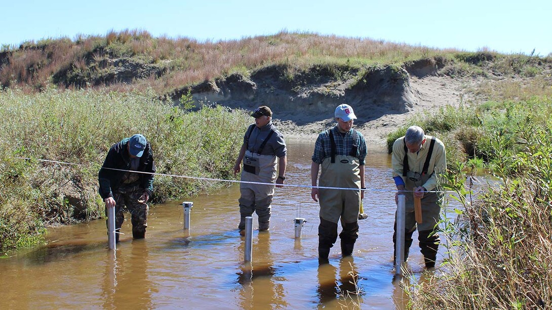 University of Nebraska–Lincoln researchers take groundwater samples from the Loup River in the Sandhills of Nebraska in September. By sampling groundwater and determining its age, they hope to determine whether predictions for groundwater discharge rates and contamination removal in watersheds are accurate.