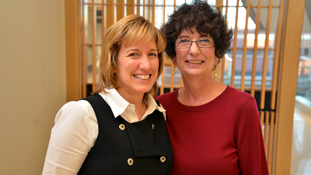 Local philanthropist Rhonda Seacrest (right), pictured with College of Business Dean Kathy Farrell, provided the funding for the Strive to Thrive Lincoln project this semester.