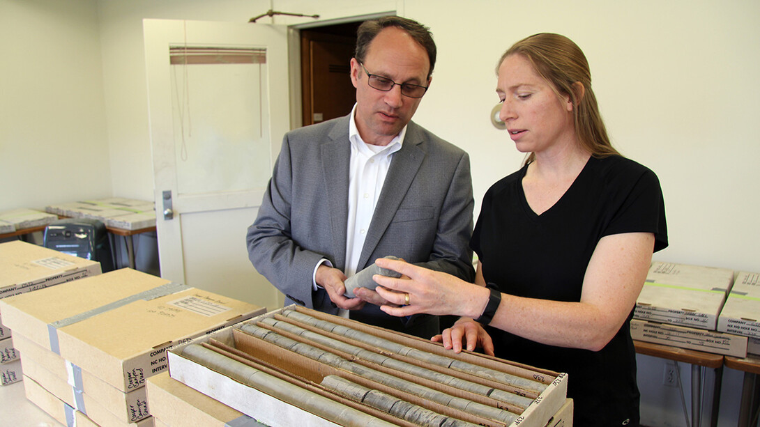 Matt Joeckel, state geologist, and Dana Divine, hydrogeologist, both of the Conservation and Survey Division, examine a core April 9 on the University of Nebraska-Lincoln’s East Campus.