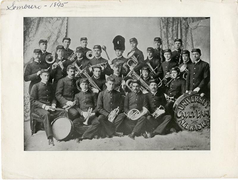 A studio portrait of the ROTC Cadet Band, taken from the 1895 Sombrero student annual.