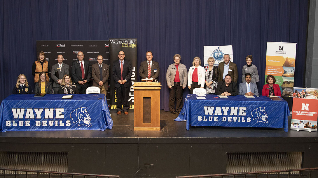 The Northeast Nebraska Agriculture and Natural Resources Education Compact was signed during a ceremony Oct. 29 at Wayne Junior/Senior High School in Wayne. The full cutline is available below.