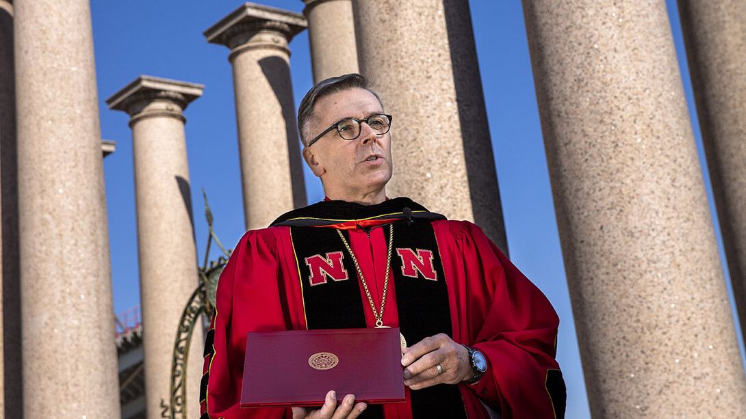 Chancellor Ronnie Green delivers remarks during production of Go Big Grad: A Husker Graduation Celebration. Green officially conferred degrees to the graduates at the end of the celebration.