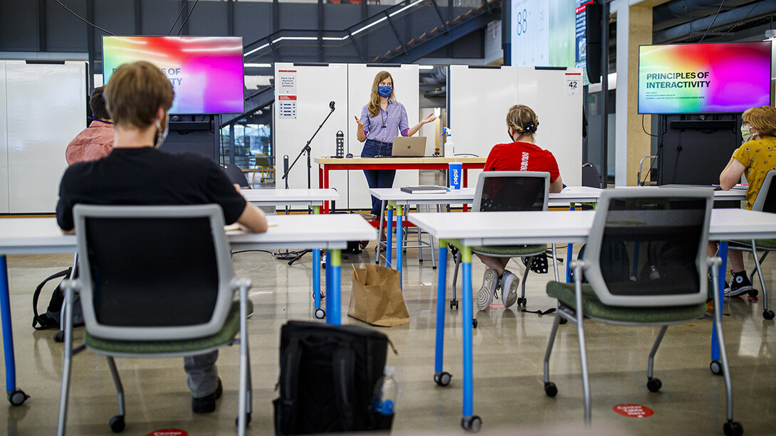 Anna Henson teaches her Principles of Interactivity course Aug. 24 in the Johnny Carson Center for Emerging Media Arts. Thirty-six students have been selected to join the second Carson Center cohort.