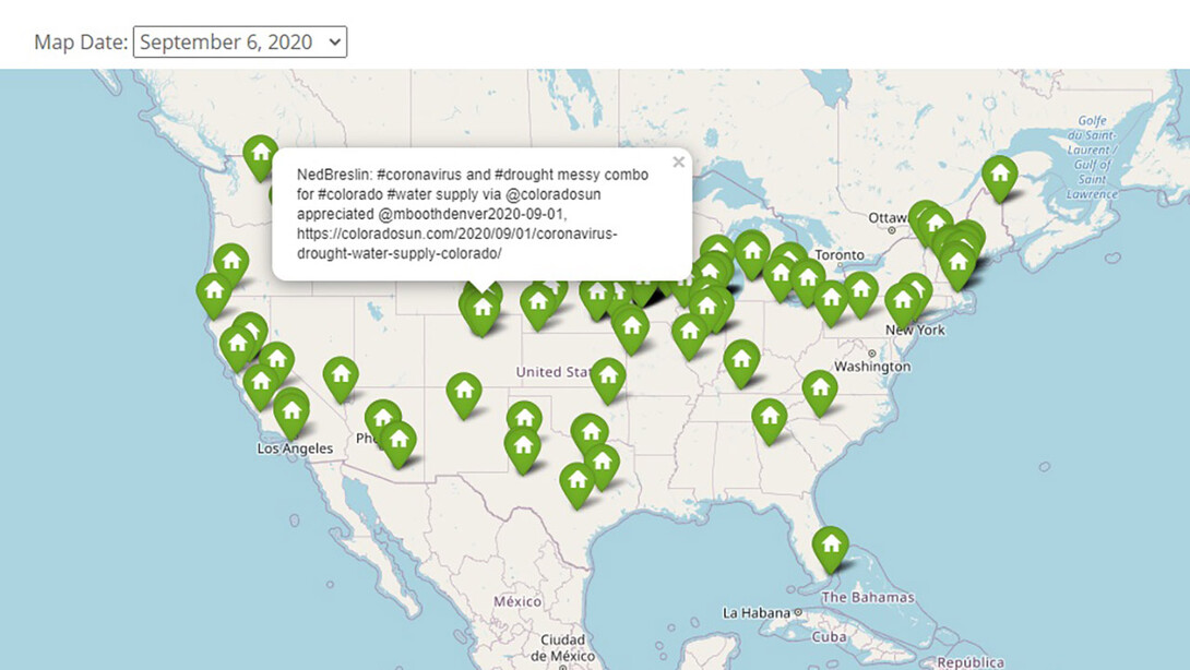 Each Monday, National Drought Mitigation Center assistant director Kelly Helm Smith emails a map of the past week’s #drought tweets to a listserv of drought experts and state climatologists.