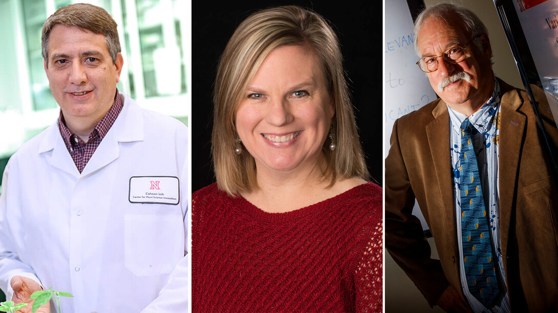 Faculty (from left) Ed Cahoon, Jody Koenig Kellas and Walter Stroup are among winners of the University of Nebraska's most prestigious awards for research, creative activity, teaching and engagement.