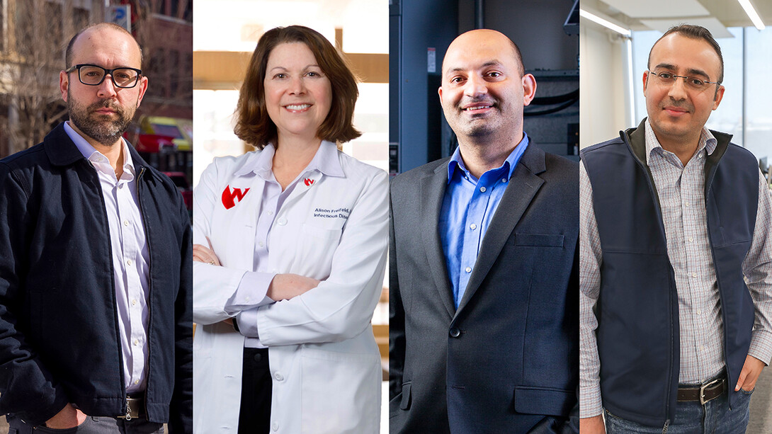 The University of Nebraska’s Pandemic Response Challenge team includes (from left) Dan Piatkowski, assistant professor of community and regional planning at the University of Nebraska–Lincoln; Alison Freifeld, professor of internal medicine at the University of Nebraska Medical Center; Fadi Alsaleem, assistant professor of architectural engineering at the University of Nebraska-Lincoln; and Basheer Qolomany, assistant professor of computer science at the University of Nebraska at Kearney.