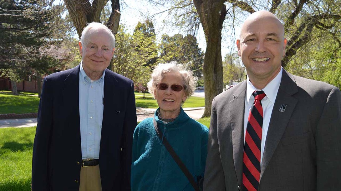 David Scholz and his late wife, Sande Scholz, have donated more than 2,100 acres of rangeland to the Nebraska College of Technical Agriculture. The ranch will be used to give students hands-on management experience in many areas of ranching. Here, David (left) and Sande (center) are pictured with Mike Boehm, NU vice president and Harlan Vice Chancellor of the Institute of Agriculture and Natural Resources, in May 2017.