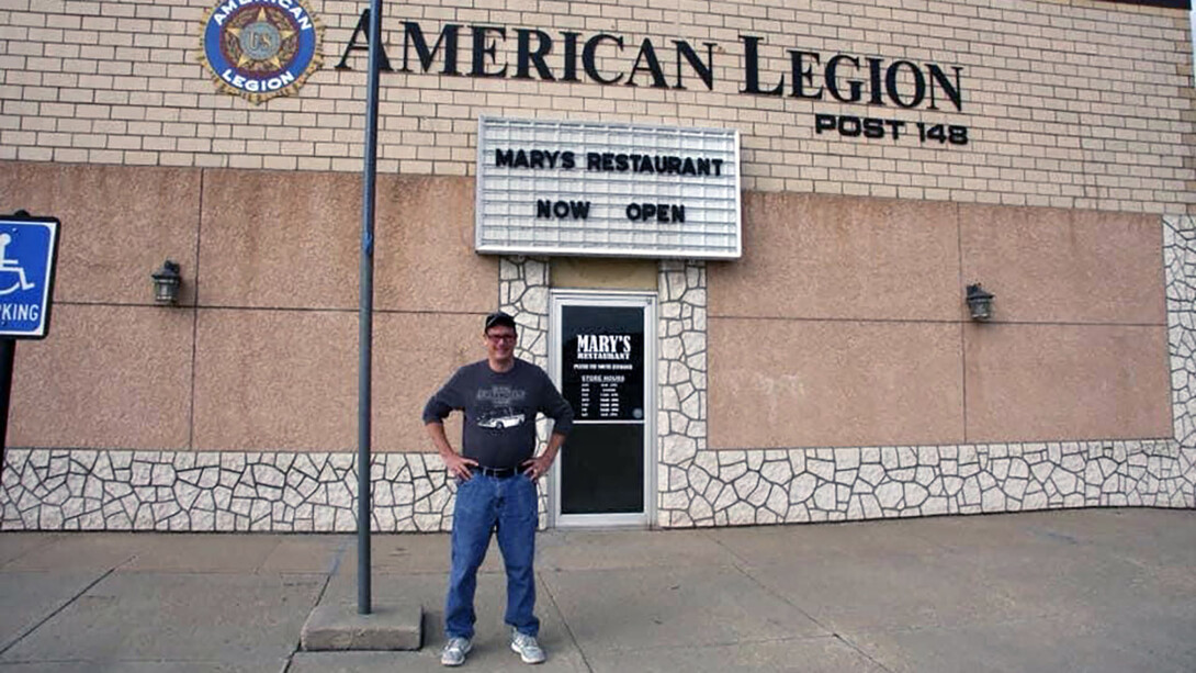 Owner Scott Born stands in front of Mary’s Restaurant, his family-run business. After closing in the mid-2000s, the American Legion raised more than $100,000 to install a commercial kitchen. The city provided a $30,000 low-interest loan through its revolving fund program for startup costs and inventory. The restaurant reopened in November 2018.