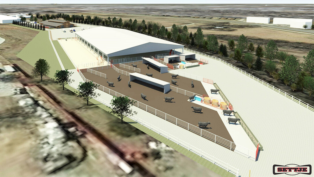 An artist’s rendering of the southwest view of the planned Equine Sports Complex, with the equine arena building in the foreground.