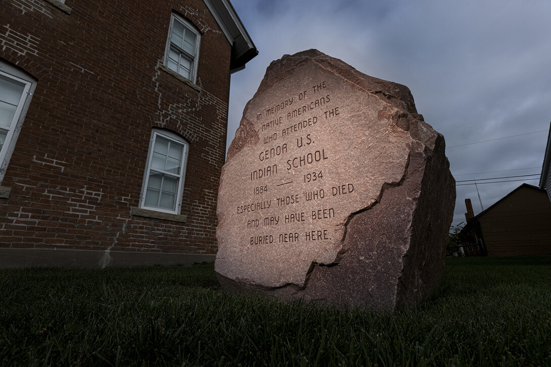 A monument is erected outside the former Genoa Indian Residential School in Genoa, Nebraska.