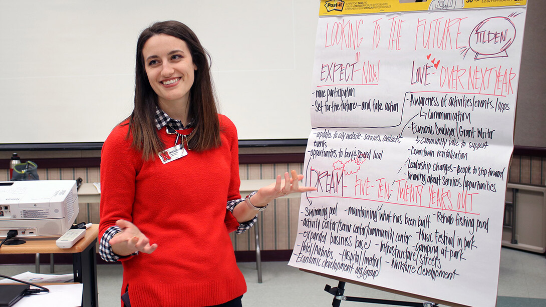 Amanda Kowalewski writes down residents’ ideas about community development during an Entrepreneurial Community Activation Process meeting in Tilden, Nebraska.