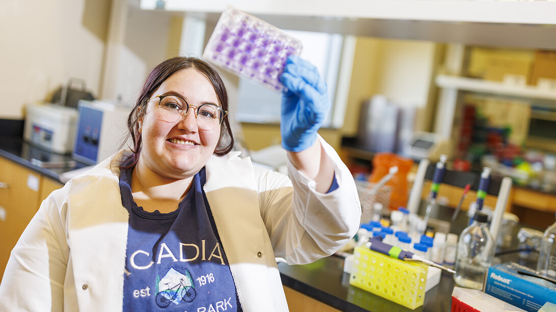 Sarah Altman checks a virus culture as she works in Shi-Hua Xiang’s lab in Morrison Hall. Altman, a junior majoring in biological systems engineering, has been awarded a Goldwater Scholarship.