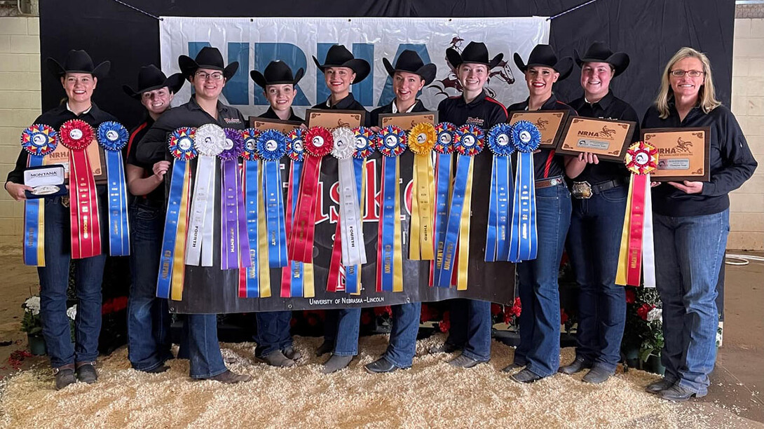 The Husker Equestrian team recently won the western semifinals hosted by Texas Tech University. Team members (from left) are Megan Pokorny, Cassidy Chase, Taylor Pivonka, Emily Jonas, Hadley Olson, Emily Burnside, Taylor Dynek, Sarah Eberspacher and Ashley Blakely. 