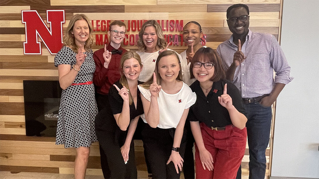 The University of Nebraska–Lincoln’s PRSSA Bateman team consists of (top row, from left) professional adviser Sheri Salee; students Spencer Swearingen, Lindsay Elliott and Ilana Lewis; and faculty adviser Dane Kiambi; and (bottom row, from left) students Morgan Zuerlein, Delani Watkins and Mai Vu.