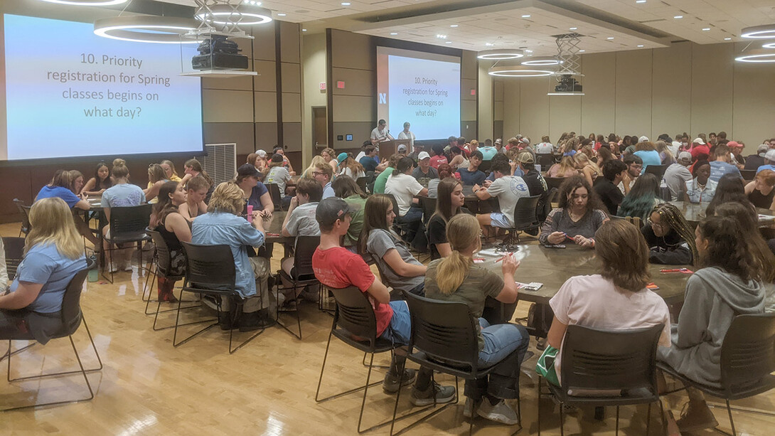 More than 240 first-year students participate in the trivia contest during the This is CASNR welcome program Aug. 18 in the Nebraska East Union.