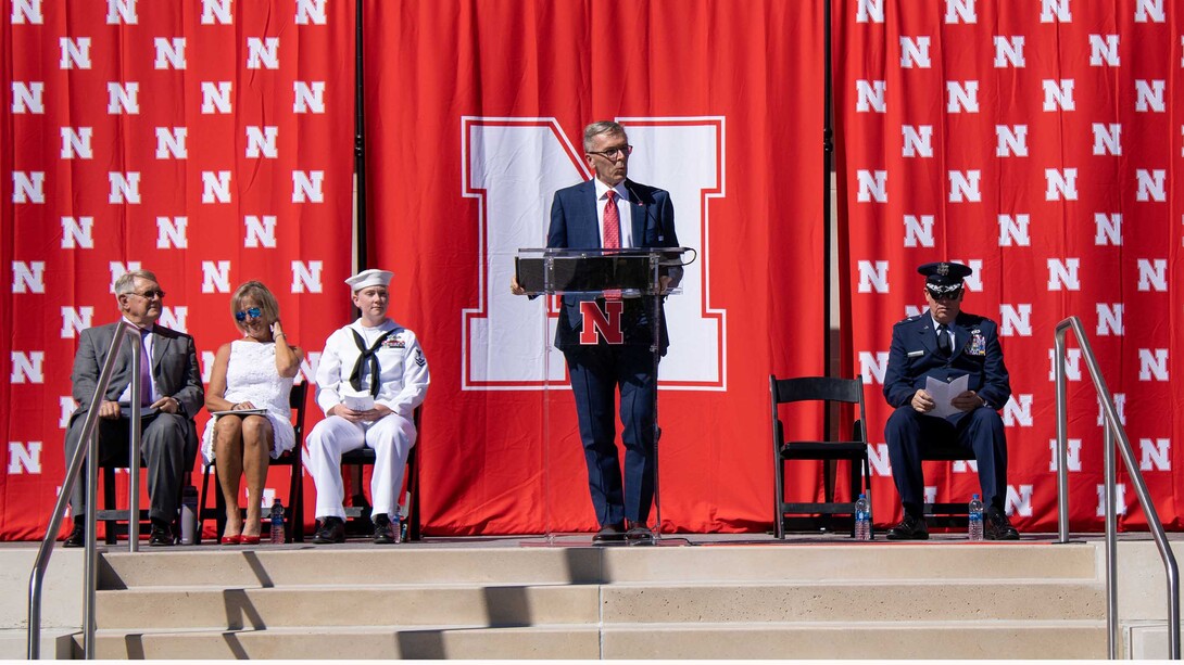 Chancellor Ronnie Green speaks during the dedication of the new Veterans’ Tribute space on Sept. 11.