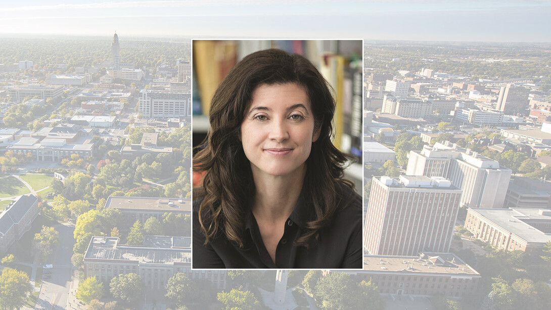 Color portrait of Candice Millard on top of color background of City Campus