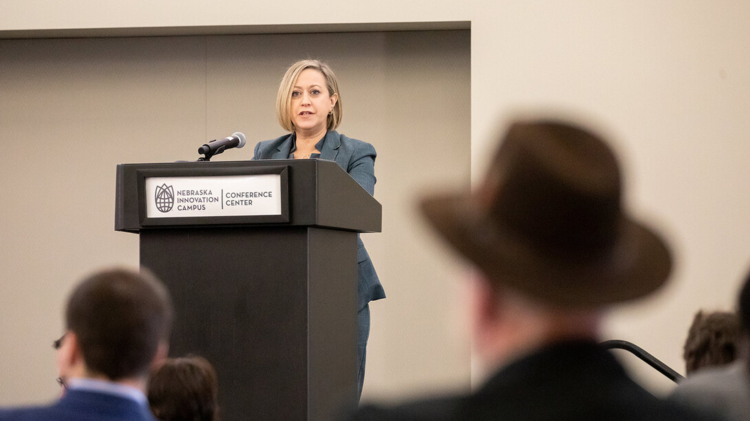 Andrea Durkin, assistant U.S. trade representative for the World Trade Organization and Multilateral Affairs, addresses the Yeutter Institute symposium at Nebraska Innovation Campus.