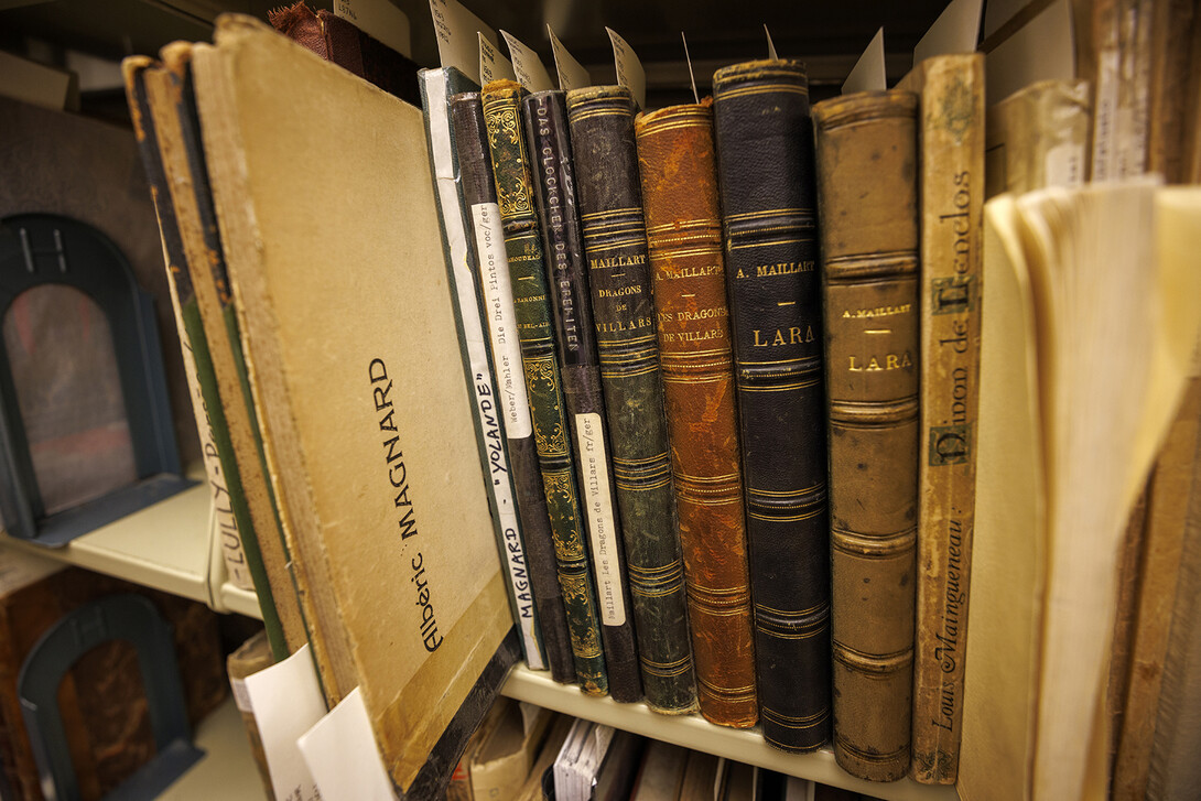 Music books on a shelf