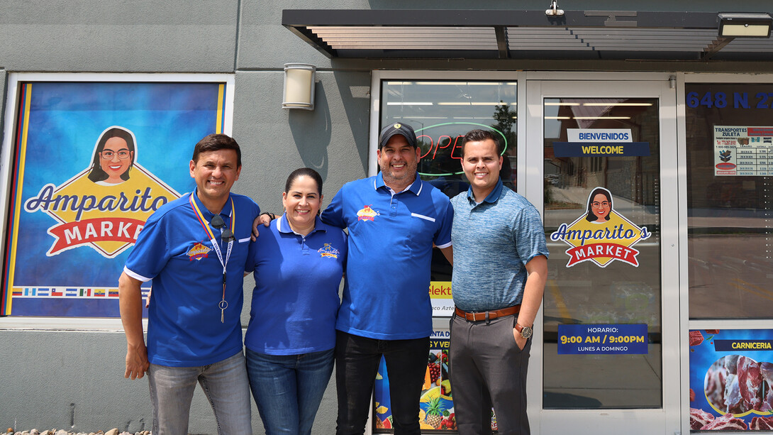 From left, Raul Sarmiento Sr., Amparo Sarmiento, Jairo Ruiz and Raul Sarmiento Jr. stand in front of Amparito’s Market in Lincoln. The store specializes in import items from Central and South America.