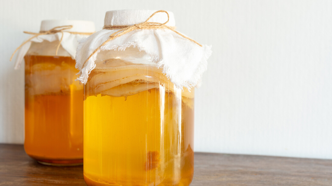 Two large jars of kombucha during fermentation