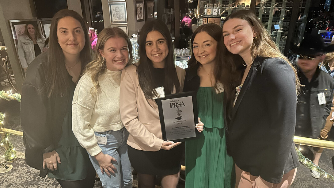 The UNL chapter of the Public Relations Student Society of America won an award of excellence during the Paper Anvil Awards, presented by the Nebraska chapter of the Public Relations Society of America on Dec. 7. PRSSA members include (from left) Nora Crimmins, Ella Stine, Valeria Uribe, Katie Lockyear and Emily Stoner.