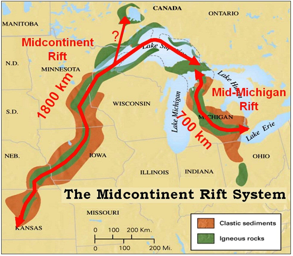 A map showing the Midcontinent Rift System. The Midcontinent Rift stretches 1,800 km from Lake Superior, through eastern Minnesota, central Iowa and southeast Nebraska, to central Kansas. The Mid-Michigan Rift stretches from the eastern part of Lake Superior, through Michigan, to Lake Erie. Clastic sediment is marked in brown, and igneous rocks are marked in green.