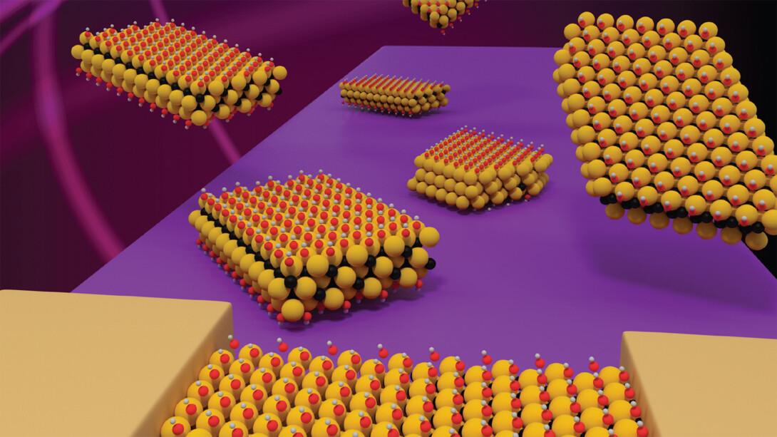 This rendering depicts the arrangement of a two-dimensional nanomaterial featuring three titanium atoms and two carbon atoms. The material is part of the so-called MXene family, which has shown promise in the realms of energy storage and water purification.