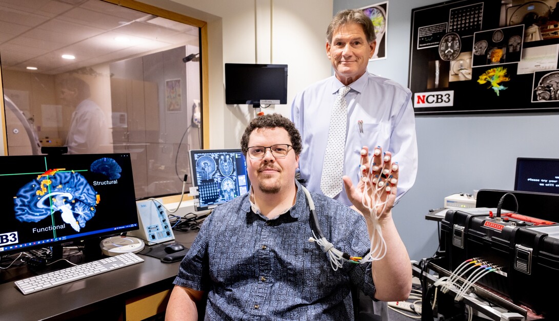 Jacob Greenwood (front) and Steven Barlow are co-inventors of the recently patented pTACS Somatosensory biomedical device.