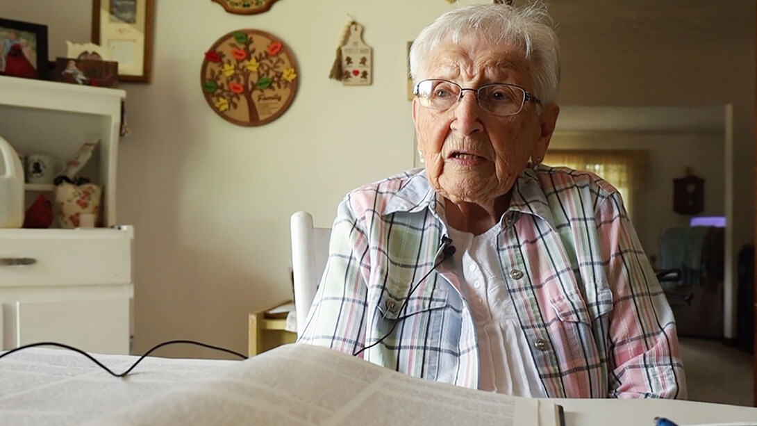 Color portrait of Delberta Peterson — Niobrara, Nebraska's oldest resident — in her home.