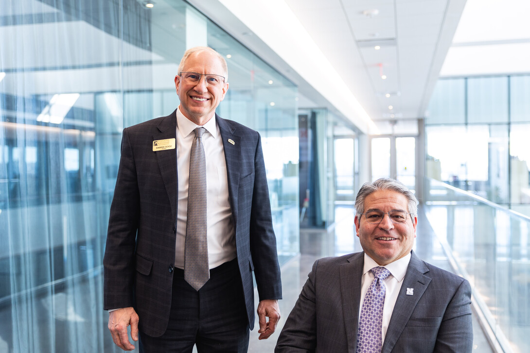 Darrin Good (left), president of Nebraska Wesleyan University, and Lance C. Pérez, Fred Hunzeker Dean of Engineering at the University of Nebraska-Lincoln, in Kiewit Hall.