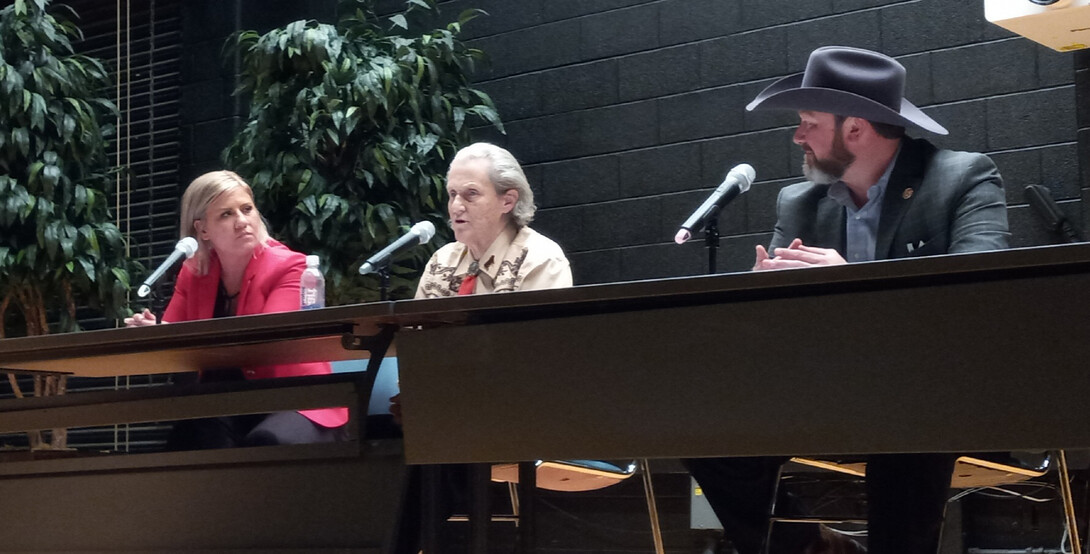 Temple Grandin (center) answers questions about animal behavior, autism and other topics during a question-and-answer session after the Hardin Hall screening of the documentary "An Open Door." At left is Ruth Woiwode, assistant professor of animal science at Nebraska, who studied under Grandin at Colorado State University. At right is John Festervand, the film's executive producer.   Geitner Simmons | IANR Communications 