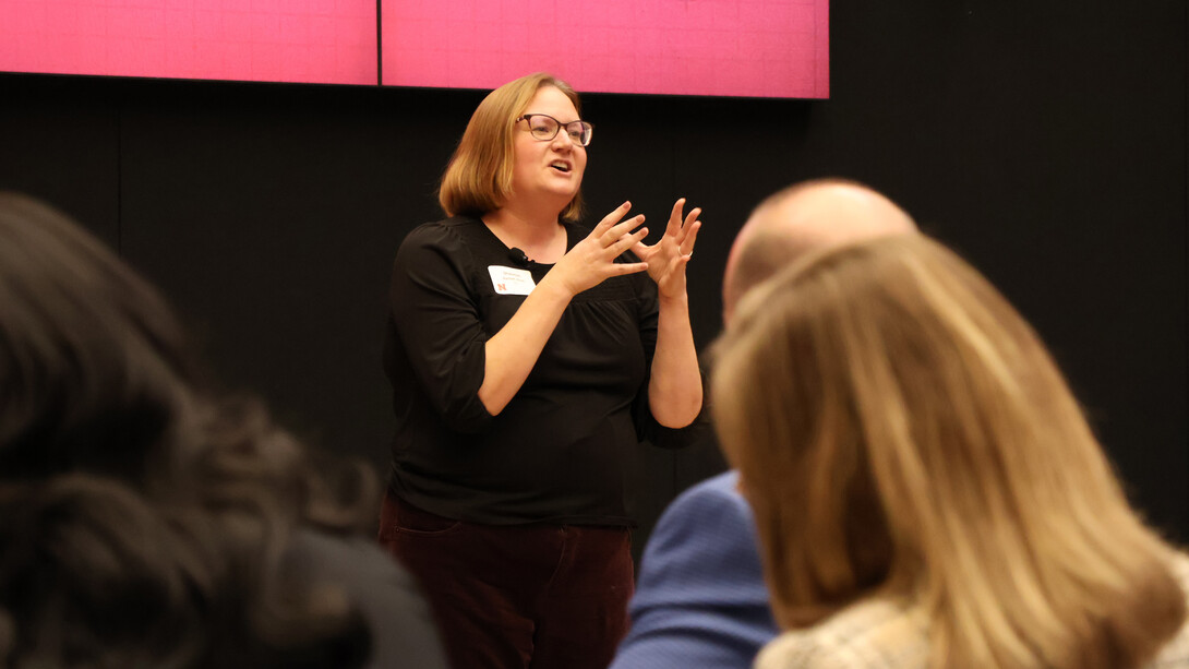 Shannon Bartelt-Hunt, professor and chair of civil and environmental engineering, speaks to a crowd.