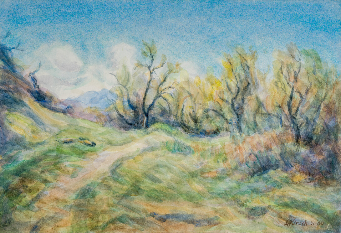 “Springtime — Arkansas Valley” by Dwight Kirsch — a 1980 watercolor of trees near a green field, with mountains in the background.