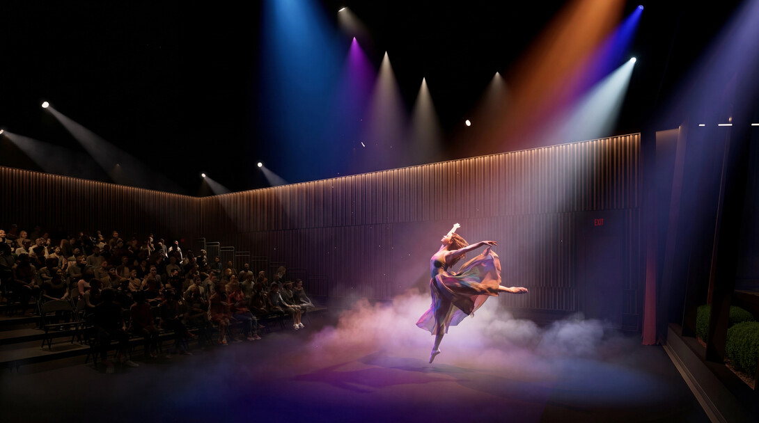 A rendering of a female dancer on stage in the new studio theater at the Lied Center for Performing Arts.