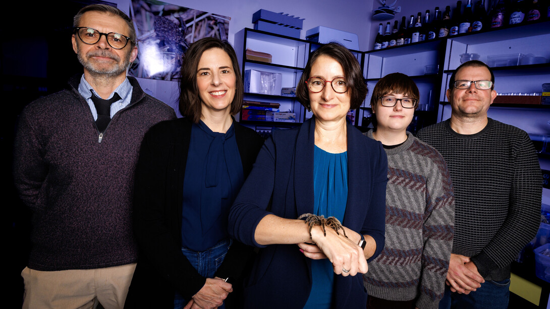Husker researchers pose in a blue-lit lab. From left are: Kevin Smith, Leland J. and Dorothy H. Olson Professor of political science; Heather Akin, associate professor of agricultural leadership, education and communication; Eileen Hebets, George Holmes Professor of biological sciences; Emma Brase, graduate student in psychology; and Mike Dodd, professor of psychology. Hebets has a tarantula on her right wrist.