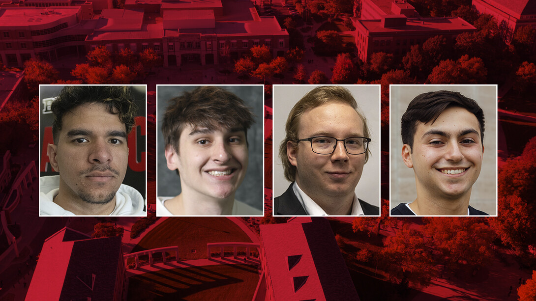 Color portraits of (from left) Kevin Artiles Fernandez, Ben Beecham, Danny Berg and Anthony Rubek on a red campus background.