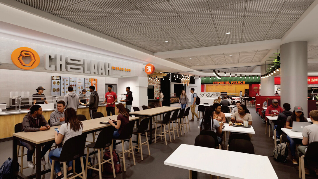 Students sit at tables in a food court with Choolaah, Sossy and Imperial Palace restaurants seen.