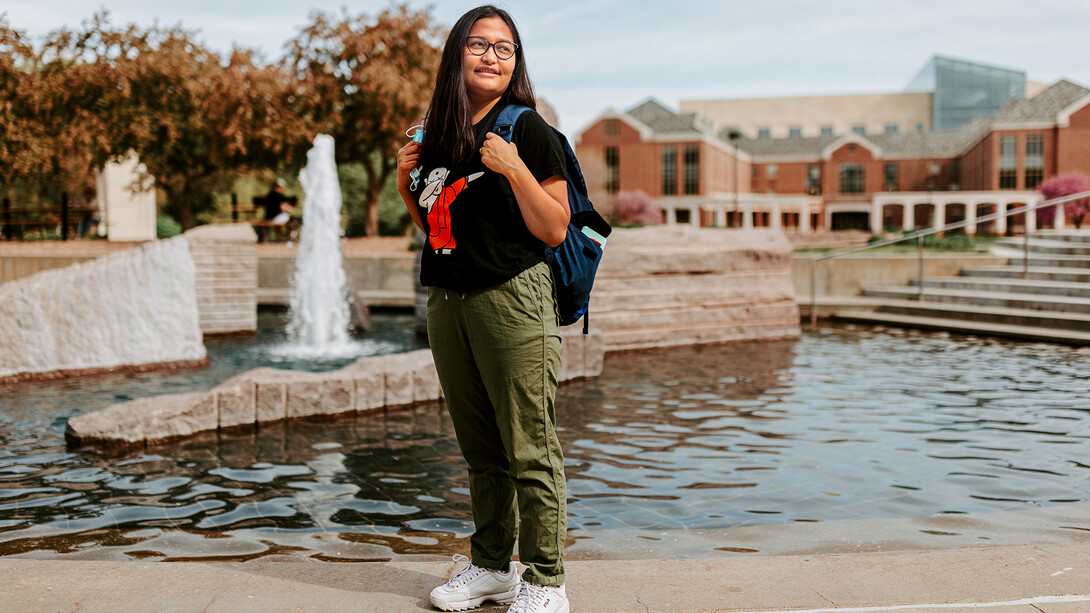 Sandhya Karki stands near Broyhill Fountain at the University of Nebraska–Lincoln.