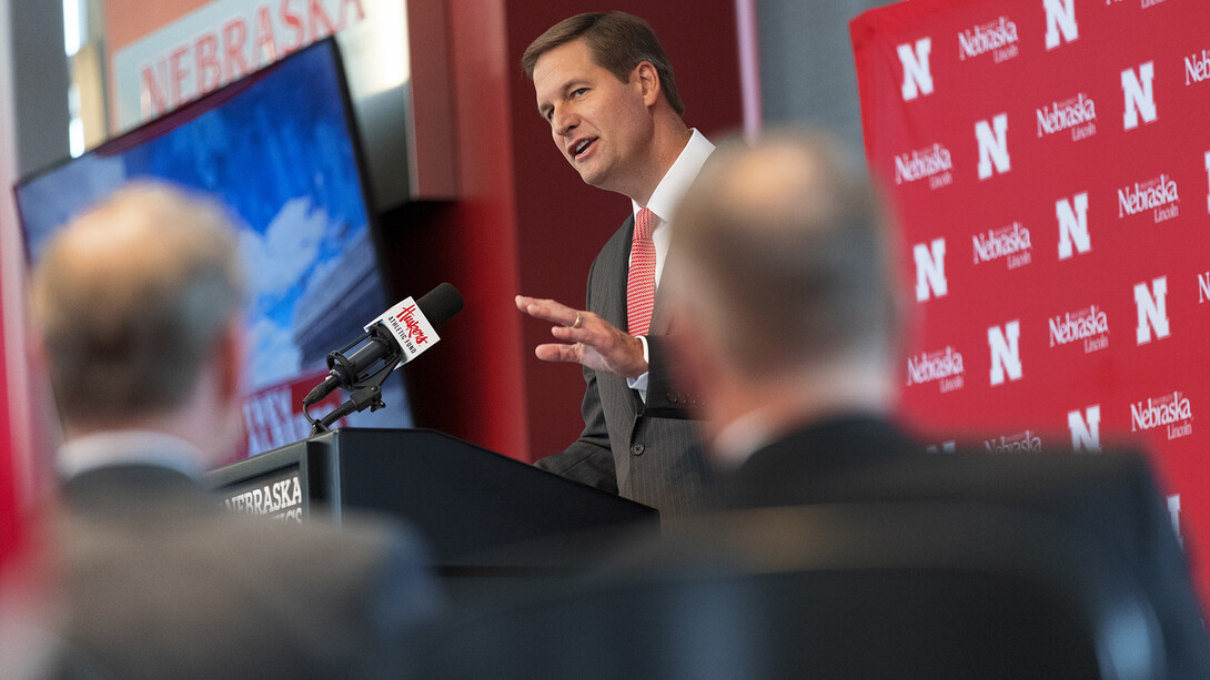 Trev Alberts, Nebraska’s new athletic director, addresses during the media during the July 14 press conference in Memorial Stadium. Alberts returns to his alma mater after spending the last 16 years leading University of Nebraska at Omaha athletics.