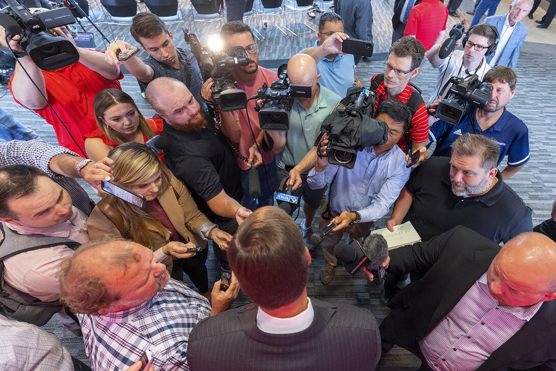 Media members surround Trev Alberts after he was named the University of Nebraska–Lincoln's next athletic director.